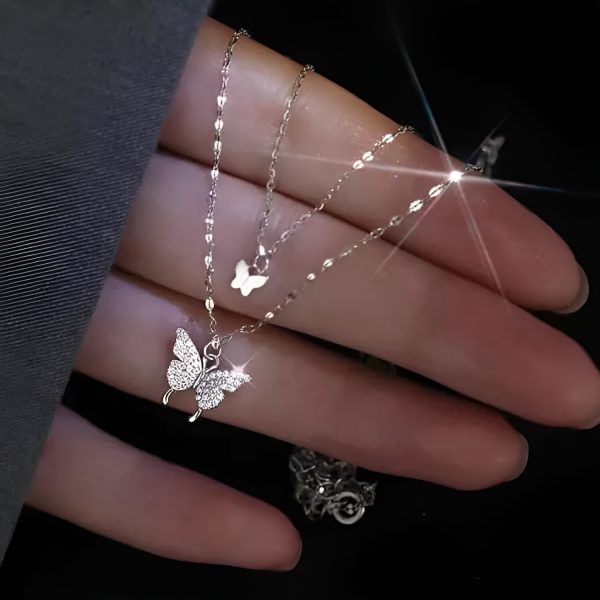 Koren Double Layer Pendent Smart Butterfly With Diamonties Attach Best For Young Girls And Ladies | Women Double Layer Pendant Chain Silver Butterfly Necklace Chain